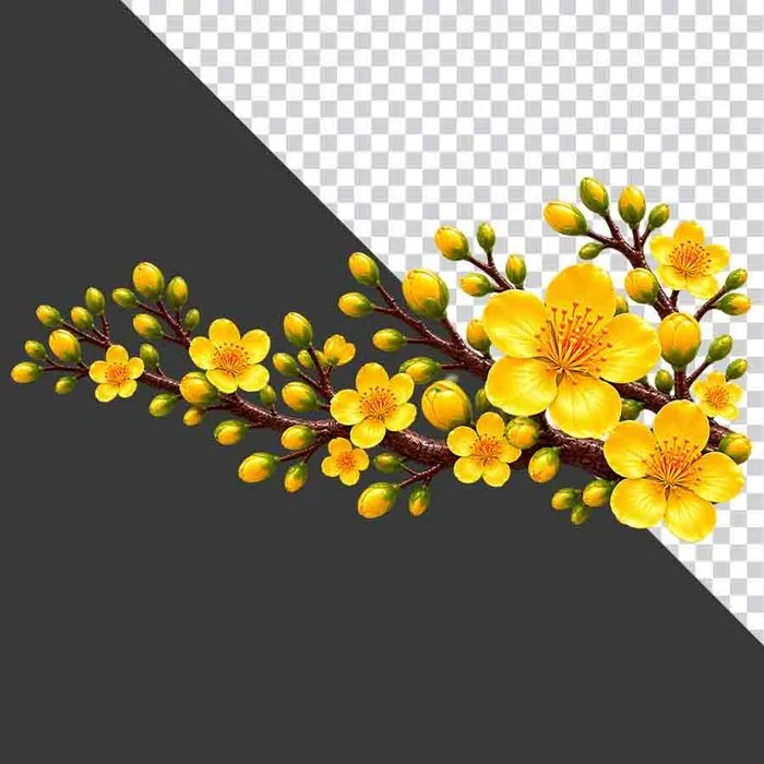 File PNG - Cành hoa mai vàng trải dài nhiều nụ