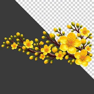 File PNG - Cành hoa mai vàng trải dài nhiều nụ