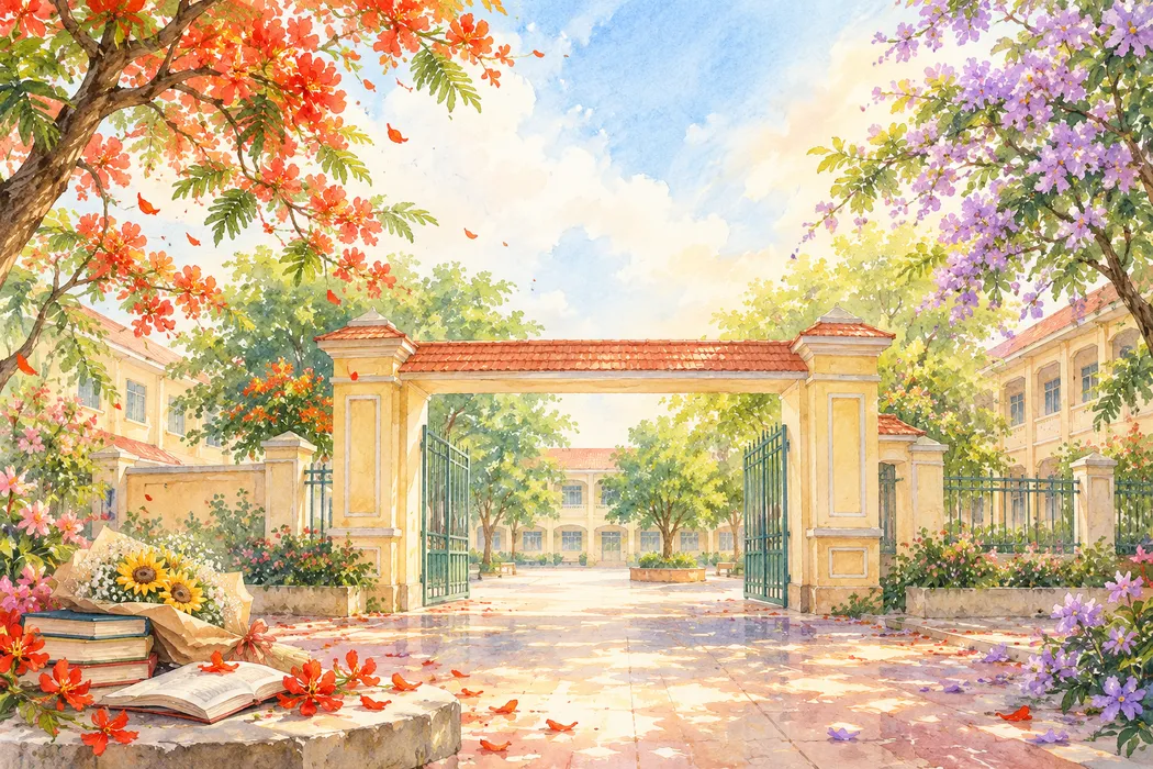 File JPG - Cổng trường màu nước hoa phượng hoa bằng lăng