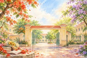 File JPG - Cổng trường màu nước hoa phượng hoa bằng lăng