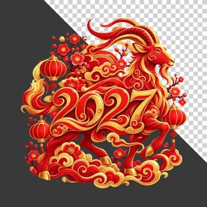 Hình ảnh chú dê đỏ và chữ số 2027 mây vàng lồng đèn - File PNG