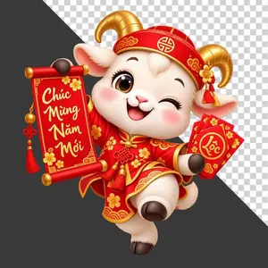 Tượng chú dê đỏ nháy mắt cầm cuộn thư Chúc Mừng Năm Mới và phong bao lì xì - PNG