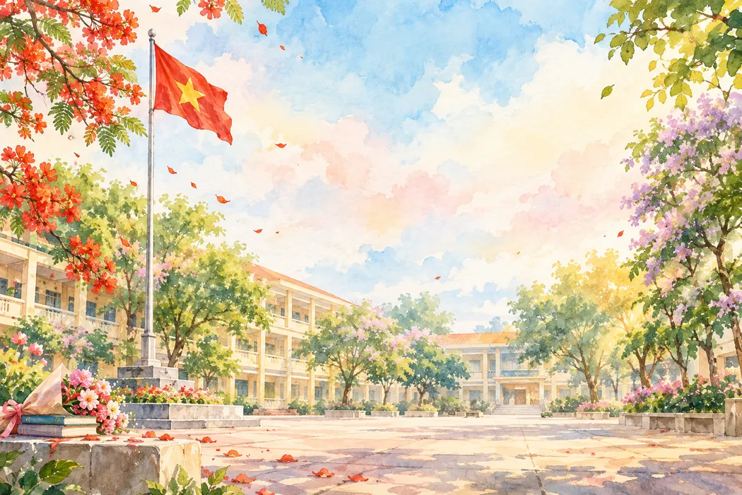 Sân trường màu nước cờ đỏ hoa phượng bằng lăng - File JPG