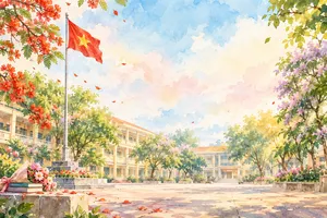 Sân trường màu nước cờ đỏ hoa phượng bằng lăng - File JPG