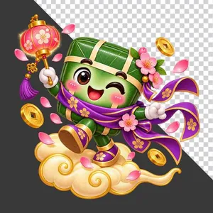 File PNG - Bánh chưng cưỡi mây cầm đèn lồng hồng hoa đào