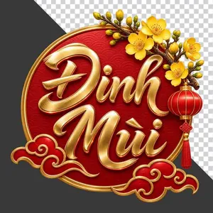 Chữ Đinh Mùi 3D tròn huy hiệu hoa mai đèn lồng ngày Tết - PNG