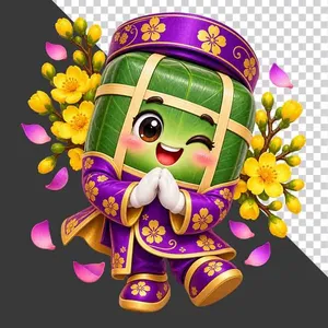 Bánh chưng mặc áo dài tím chắp tay chúc Tết hoa mai - File PNG