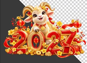 File PNG - Hình ảnh chú dê vàng và chữ số 2027 lồng đèn đỏ hoa mai