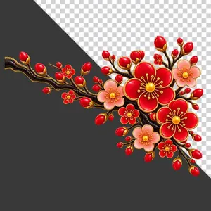 File PNG - Cành hoa đào đỏ hồng chùm góc rực rỡ