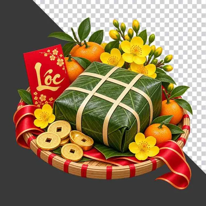File PNG - Mẹt bánh chưng quả cam hoa mai bao lì xì Lộc và tiền cổ tài lộc