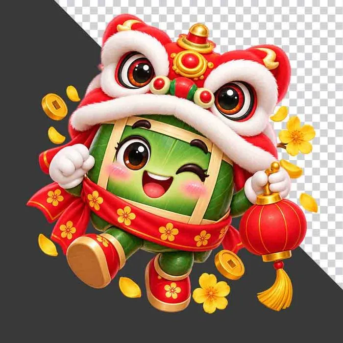 File PNG - Bánh chưng đội mũ múa lân cầm đèn lồng đỏ hoa mai