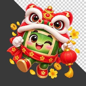 File PNG - Bánh chưng đội mũ múa lân cầm đèn lồng đỏ hoa mai