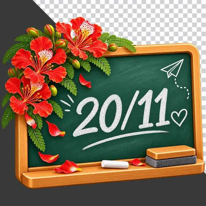 Bảng đen viết chữ 20 tháng 11 trang trí hoa phượng đỏ - PNG