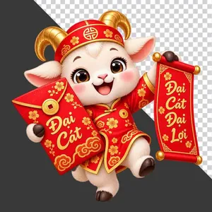 File PNG - Chú dê đỏ cầm phong bao lì xì Đại Cát và cuộn thư Đại Cát Đại Lợi
