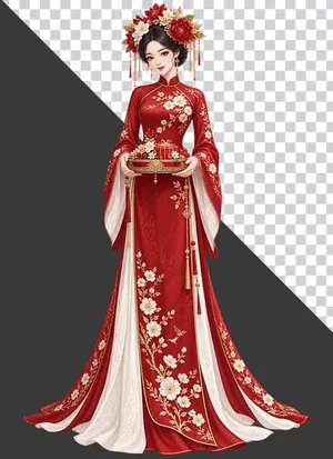 Thiếu nữ mặc cổ phục đỏ trắng bưng kháp hỷ - File PNG