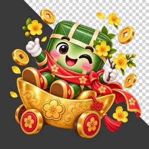 Bánh chưng ngồi xe nôi thỏi vàng hoa mai tài lộc ngày Tết - File PNG