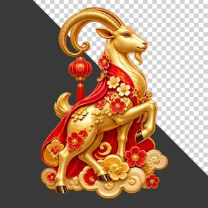 File PNG - Tượng dê vàng áo choàng đỏ lồng đèn tài lộc