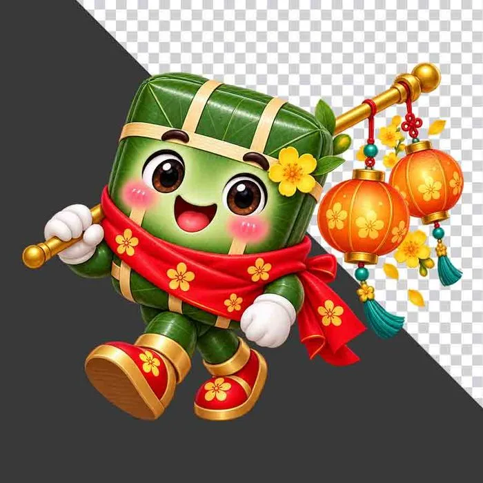 File PNG - Bánh chưng vác đòn gánh treo đèn lồng đỏ hoa mai