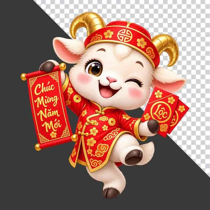 File PNG - Chú dê đỏ nháy mắt cầm cuộn thư Chúc Mừng Năm Mới và phong bao lì xì