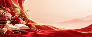 File JPG - Phông nền 20/11 sách vở quả địa cầu hoa hồng đỏ lụa vàng