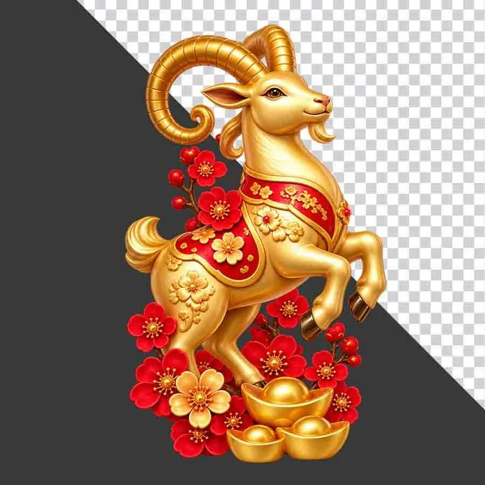 File PNG - Tượng dê vàng áo choàng đỏ thỏi vàng hoa đào