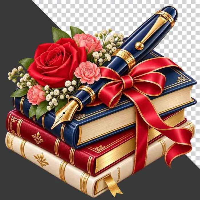 File PNG - Chồng sách tri thức đặt bút máy và hoa tươi thắt nơ ruy băng đỏ tri ân 20 tháng 11