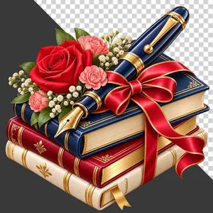 File PNG - Chồng sách tri thức đặt bút máy và hoa tươi thắt nơ ruy băng đỏ tri ân 20 tháng 11
