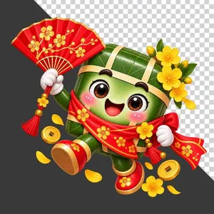 File PNG - Bánh chưng cầm quạt giấy đỏ hoa mai tài lộc ngày Tết   