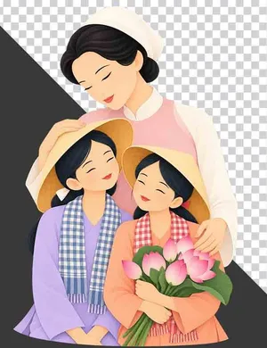 File PNG - Mẹ đội mũ vải ôm hai con gái mặc áo bà ba ôm hoa sen