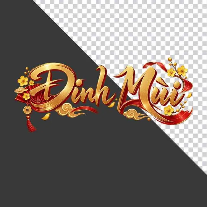 File PNG - Chữ Đinh Mùi 3D ngang hoa mai vàng lụa đỏ đồng tiền ngày Tết   
