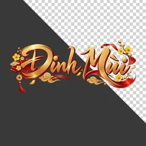 File PNG - Chữ Đinh Mùi 3D ngang hoa mai vàng lụa đỏ đồng tiền ngày Tết   
