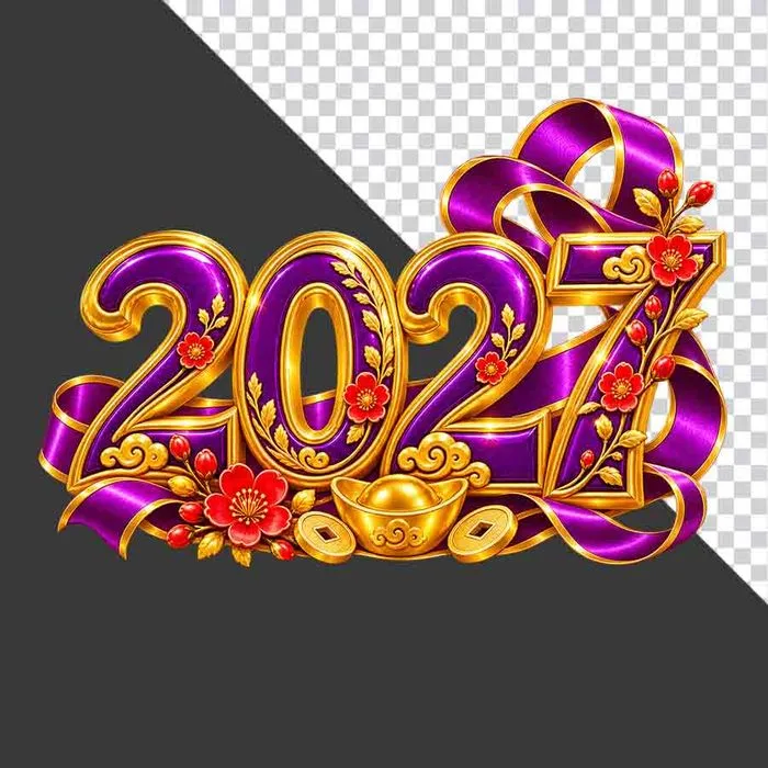 Hình ảnh chữ số 2027 đỏ ánh kim trang trí hoa mai và thỏi vàng chào năm mới - File PNG