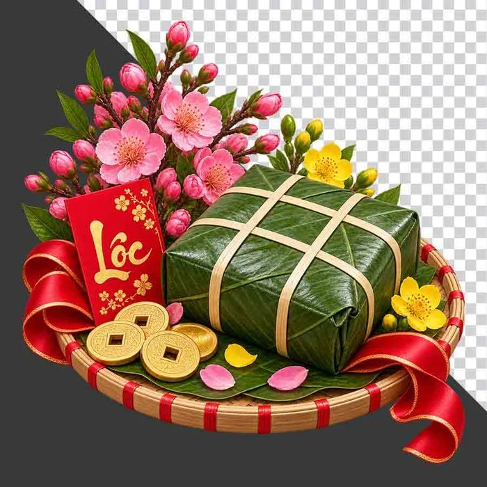File PNG - Mẹt bánh chưng hoa đào bao lì xì Lộc tiền cổ và ruy băng đỏ