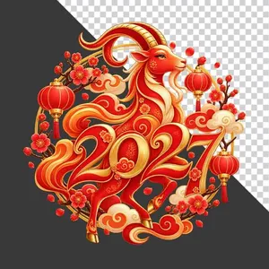 File PNG - Hình ảnh chú dê đỏ vòng tròn chữ số 2027 lồng đèn hoa đào