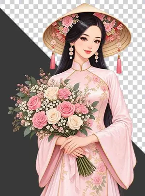 Thiếu nữ mặc cổ phục hồng đội nón lá ôm bó hoa hồng và hoa cẩm chướng - PNG
