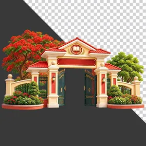 Cổng trường học kiến trúc Việt Nam biểu tượng quyển sách cây phượng đỏ khai giảng - File PNG