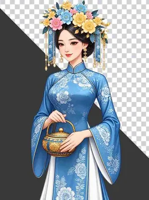 File PNG - Thiếu nữ mặc cổ phục xanh dương bưng ấm trà   