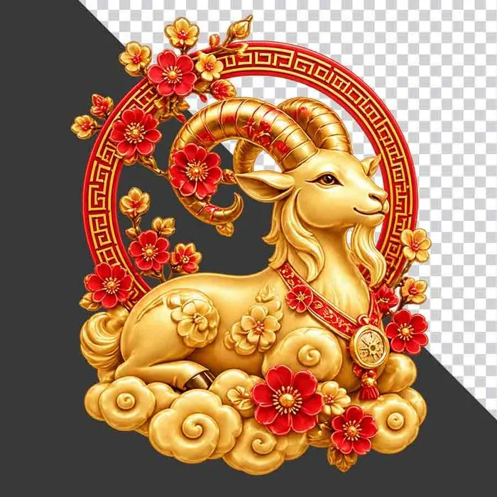 Tượng dê vàng khung tròn hoa đào tài lộc - File PNG