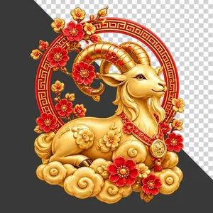 Tượng dê vàng khung tròn hoa đào tài lộc - File PNG