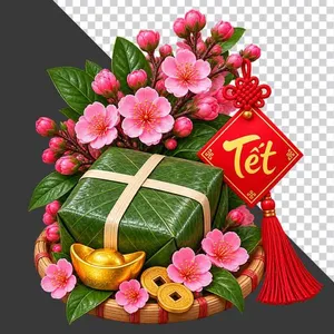 File PNG - Mẹt bánh chưng chữ Tết hoa đào thỏi vàng và tiền cổ may mắn