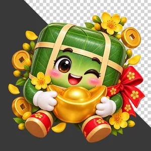 Bánh chưng ngồi ôm thỏi vàng lớn lấp lánh xung quanh tiền vàng và hoa mai ngày Tết - file PNG