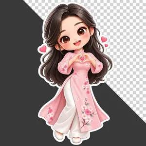 File PNG - Cô giáo hoạt hình mặc áo dài hồng tạo hình trái tim 20 tháng 11   