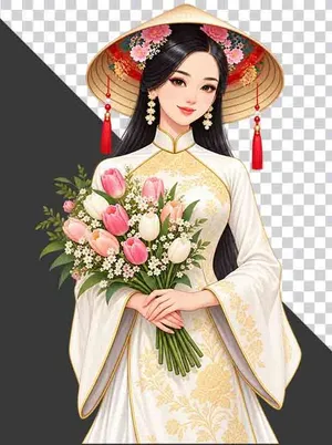 Thiếu nữ mặc cổ phục trắng đội nón lá ôm bó hoa tulip - File PNG