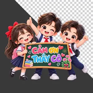 File PNG - Ba học sinh hoạt hình cầm bảng Cảm Ơn Thầy Cô chào mừng 20/11   