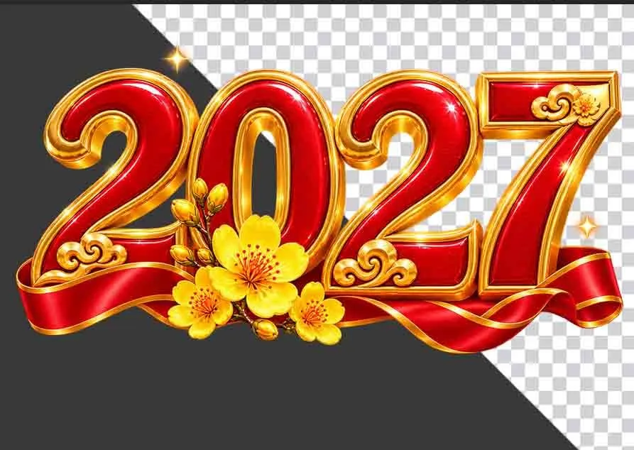 Chữ số 2027 đỏ vàng trang trí hoa mai - File PNG