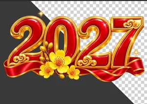 Chữ số 2027 đỏ vàng trang trí hoa mai - File PNG