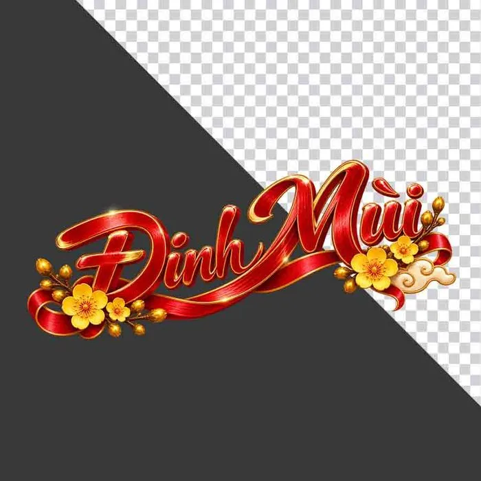 Chữ Đinh Mùi 3D dải lụa đỏ hoa mai vàng nghiêng ngày Tết - File PNG
