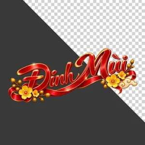 Chữ Đinh Mùi 3D dải lụa đỏ hoa mai vàng nghiêng ngày Tết - File PNG