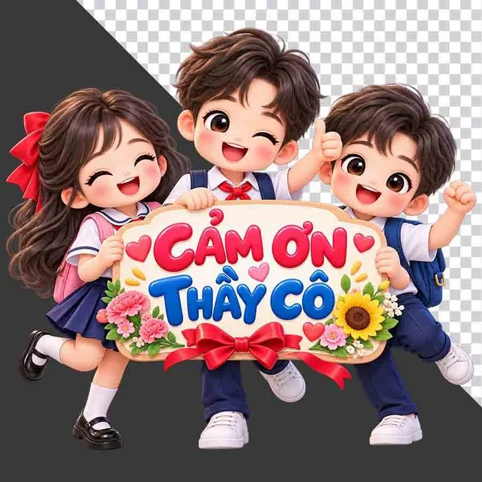 File PNG - Ba học sinh hoạt hình cầm bảng gỗ Cảm Ơn Thầy Cô chào mừng 20/11
