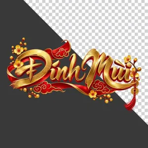 File PNG - Chữ Đinh Mùi 3D phong cách thư pháp vàng kim lụa đỏ hoa mai ngày Tết